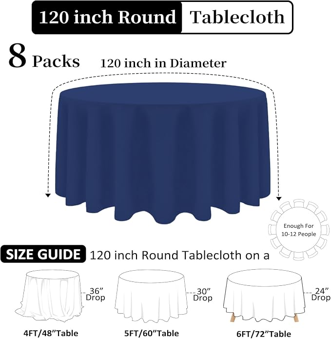 8 Pack Navy Blue Round Tablecloth 120 Inch Blue Table Cloth Stain and Wrinkle Resistant Round Navy Tablecloths Reusable and Washable Polyester Fabric for Buffet Wedding Party Banquet