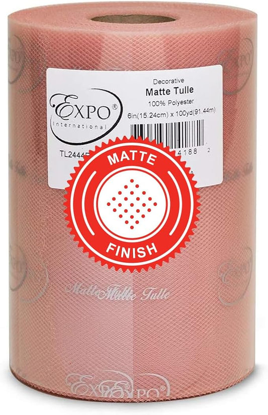 Expo International Decorative Matte Tulle, Roll/Spool of 6” X 100 Yards, Lightweight Polyester Tulle Fabric for Tutus, Costumes, and Party Decorations, Washable, Easy-to-Use, Rose Gold