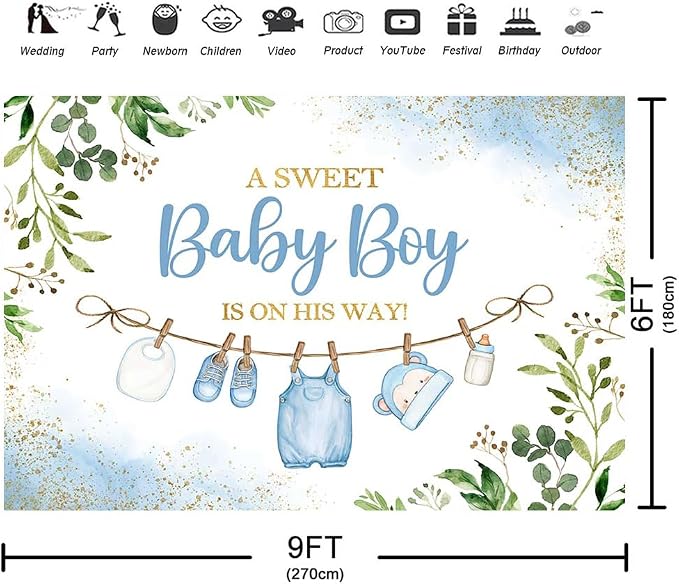 9x6ft Cute Clothes Baby Shower Backdrop for Boys a Sweet Baby Boy is on The Way Newborn Kids Blue Leaves Gold Dots Baby Shower Party Decorations Banner Supplies Photo Booth Props