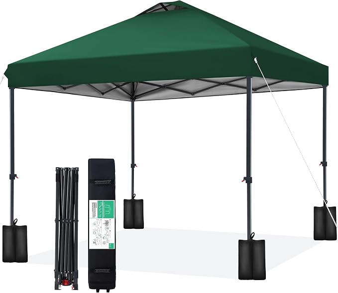 JEAREY 10x10 ft Pop Up Canopy Tent, Heavy Duty Outdoor Canopy with 1-Push Instant Setup, Commercial Tent with Roller Bag, 4 Sandbags and 8 Stakes, Water-Resistant – Dark-Green