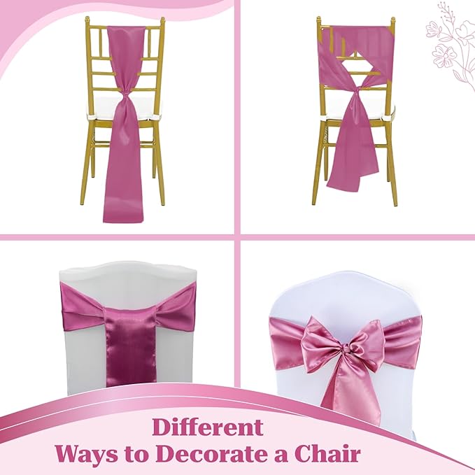 MDS Satin Chair Sashes, 200 Pack, 7”x108” Each, Decorative Chair Bows Ribbon Tie Backs for Wedding Party, Holiday Dinner, Birthday, Reception, Banquet, Hotel & Event Decoration - Dusty Pink