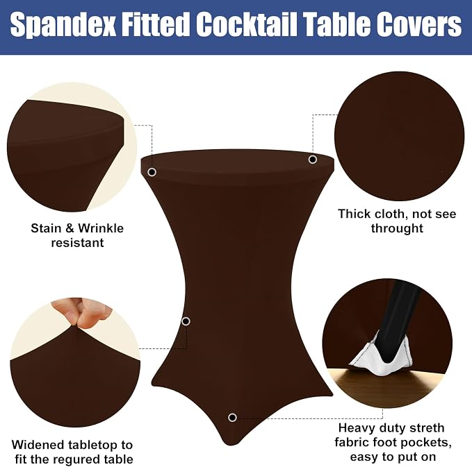 Moosfor Spandex Cocktail Table Covers 4 Pack, Elastic Fitted Stretch Table Cloth, Round High Top Tablecloths for Bar, Party, Pub, Wedding & Banquet (Coffee, 32x43 Inch)
