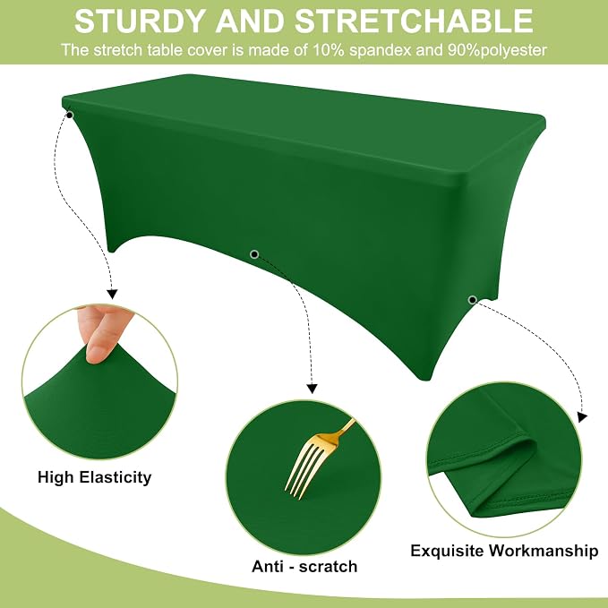 Moosfor Spandex Elastic Fitted 6FT Rectangle Tablecloth 6 Pack, Stretch Washable Reusable Table Cover for Outdoor Picnic, Dining, Wedding, Banquet & Party Events (Emerald Green, 72Lx30Wx30H Inch)