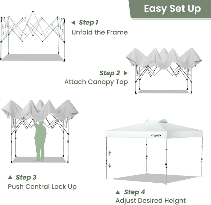 GVDV 10x10 Pop Up Canopy Tent with Pocket Sidewall, Beach Tent with One Push Setup, Outdoor Sun Shade for Events, Parties, Camping - Gazebo with Wheelbag and 4 Weight Bags, White, CP23