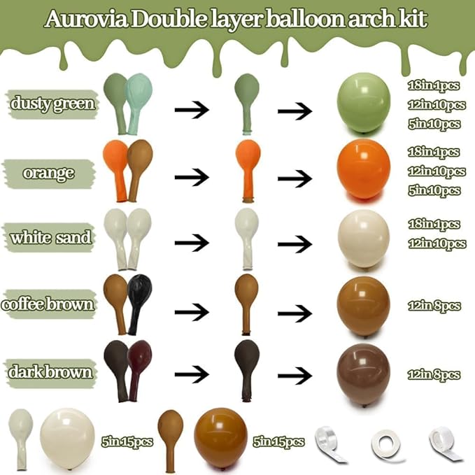 Green Brown Orange Balloon Garland Double Stuffed Sage Green White Sand Cream Balloon Arch Kit for Birthday Baby Shower Dinosaur Woodland Wild One Party Decorations
