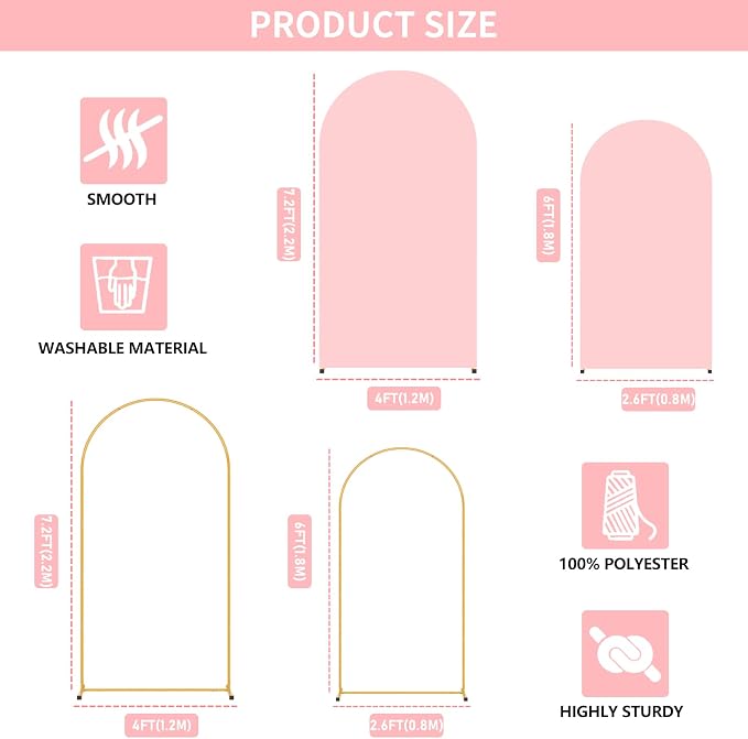 2 Pack Arch Backdrop Stand and Cover Set (7.2FT/6FT), Balloon Arch Stand, Metal Background Arch Stand, Backdrop Arch Frame, Wedding Arch for Backdrop (Pink Cover)