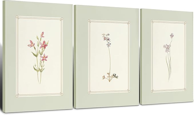 3pcs Framed Simple Vintage Floral Botanical Flower Wall Art Decor Canvas Print Natural Plant Artwork Wall Painting Poster Gallery Bedroom Living Room Office Decor 16x24 Inch Ready to Hang