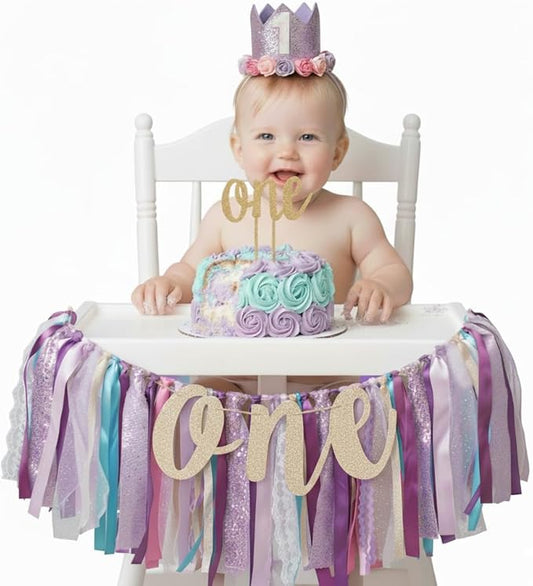 PapaKit Girl 1st Birthday High Chair Premium Decoration Set - Sparkle Purple & Teal Ribbon Garland, Crown, One Banner & Cake Topper | Princess Mermaid Theme Party | Smash Cake Photo Prop Backdrop