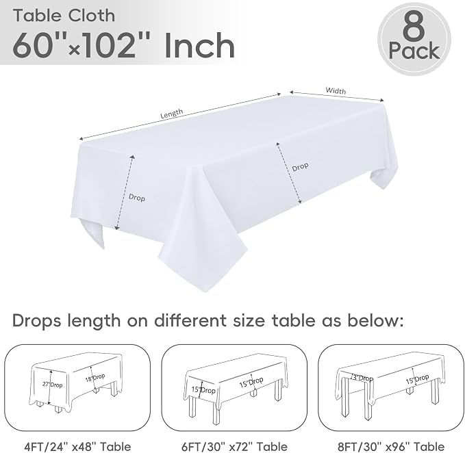 8 Pack White Tablecloth 60 x 102 Inch Rectangular Table Cloth for 6 Foot Rectangle Tables, Wrinkle Resistant Washable Polyester Fabric Table Covers for Wedding Party Banquet Buffet and Camping