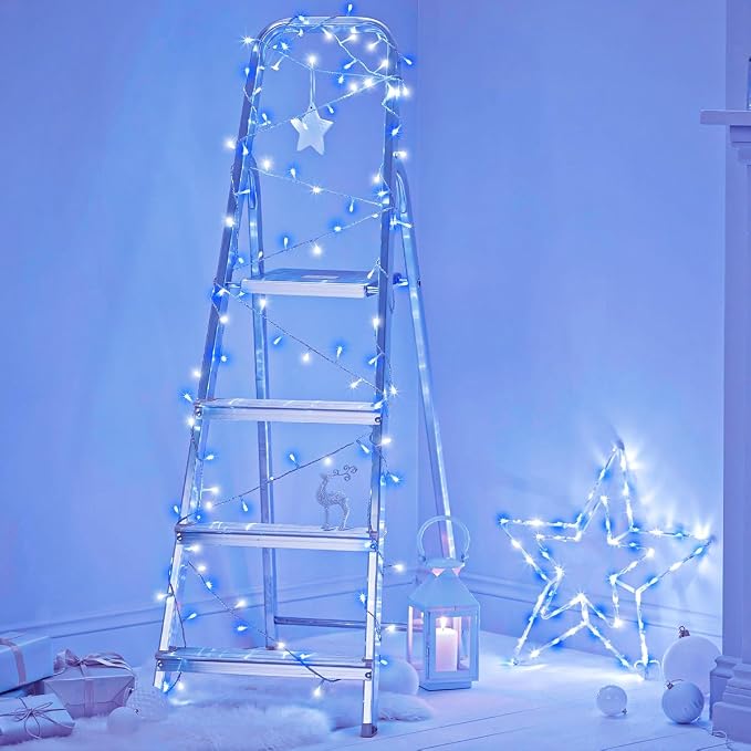 Blue and White Christmas Lights Outdoor, 82 FT 250 LED Christmas String Lights Waterproof 8 Modes, Plug in Clear Wire Twinkle Fairy Lights for Indoor Outside Tree Patio Yard Bedroom Decorations
