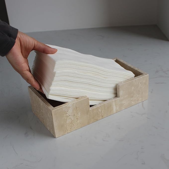 Natural Travertine Napkin Holder 9.8"x4.9"x2.8", Guest Towel Holder, Paper Hand Basket for Bathroom/Kitchen/Restaurant