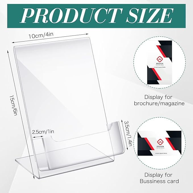 Crtiin 6 Pcs Acrylic Slanted Sign Holder with Business Card Holders Clear Display Stand Flyer Stand with Gift Card Holder for Office Table Advertisement Brochure (4 x 6 Inch,Side Insert)