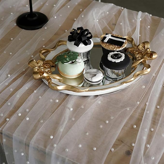 Table Runner 63" X 120" Wedding Arch Decorations Table Line Bridal Shower Decor Fabric Romantic Pearl Lace Tablecloth for Events Embroidered Sheer Wrinkle Free White Dessert Table Cloth Chiffon Tulle