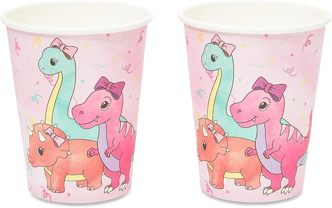 195-Piece Pink Baby Girl Dinosaur Birthday Party Supplies with Plates, Napkins, Cups, Cutlery, Banner, Hats, Table Covers (Serves 24) - Pastel Pink Dinosaur Party Decorations