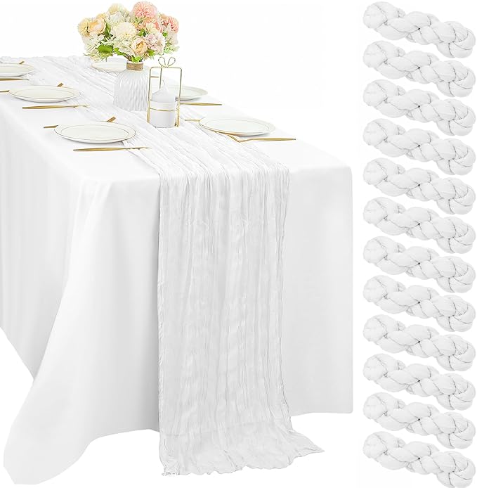 12 Pcs White Cheesecloth Table Runner 10FT Runner for Tables Gauze Fabric Boho Cheese Cloth Table Runner Decoration Rustic Semi Sheer Runner for Wedding Birthday Holiday Bridal Shower Party (White)
