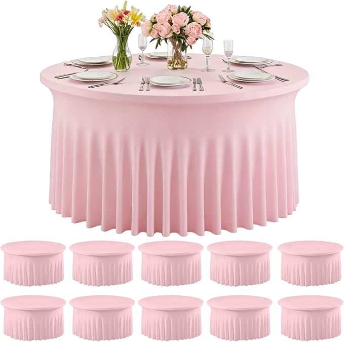 10 Pack Pink Round Spandex Tablecloths for 60 inch Tables, 120 Inch Stretchy Fitted 5FT Tablecloths, Wrinkle Free Table Covers Washable Polyester Table Cloths for Wedding Party Birthday Banquet