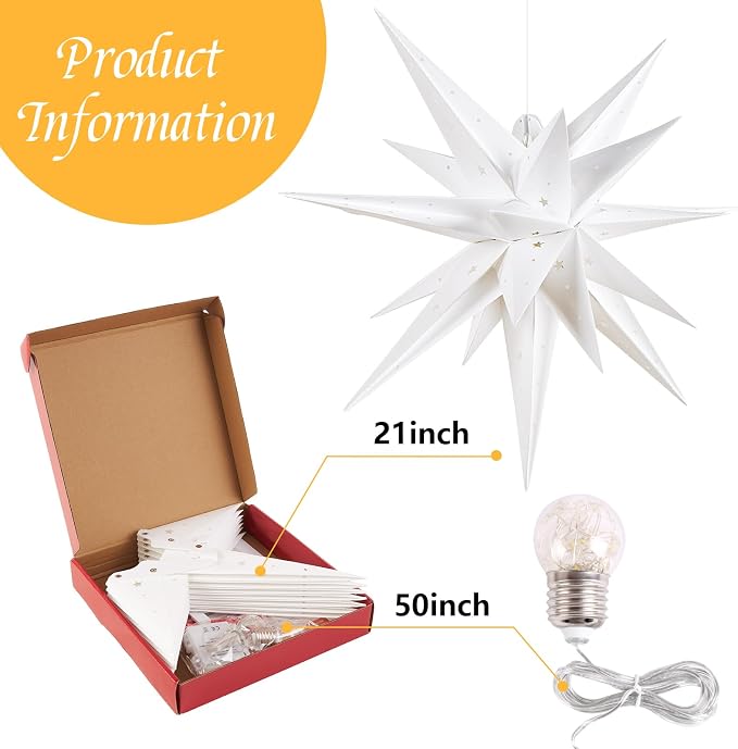 SUNBEAUTY 21 Inches White Large Moravian Stars Outdoor Light Warm White LED Hanging Star Lights 3D Christmas Tree Topper Star for Holiday Wedding Birthday Porch Party Decor