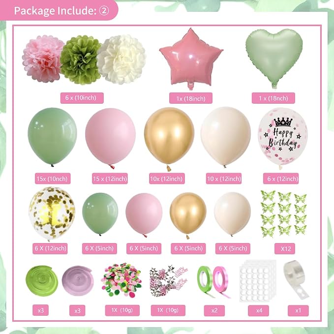 Pink and Sage Green Birthday Party Decorations with Happy Birthday Banner, Balloons, Sash, Crown, Butterfly, Hanging Swirls, Tablecloth, Fringe Curtain, Pompoms for Women Girls Princess Party Supplies