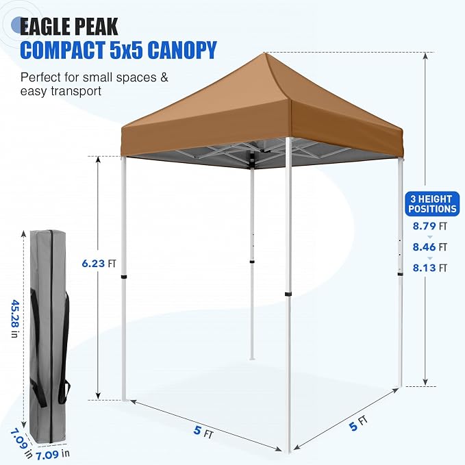 EAGLE PEAK 5x5 Pop Up Canopy Tent Instant Outdoor Canopy Easy Set-up Straight Leg Folding Shelter, Khaki