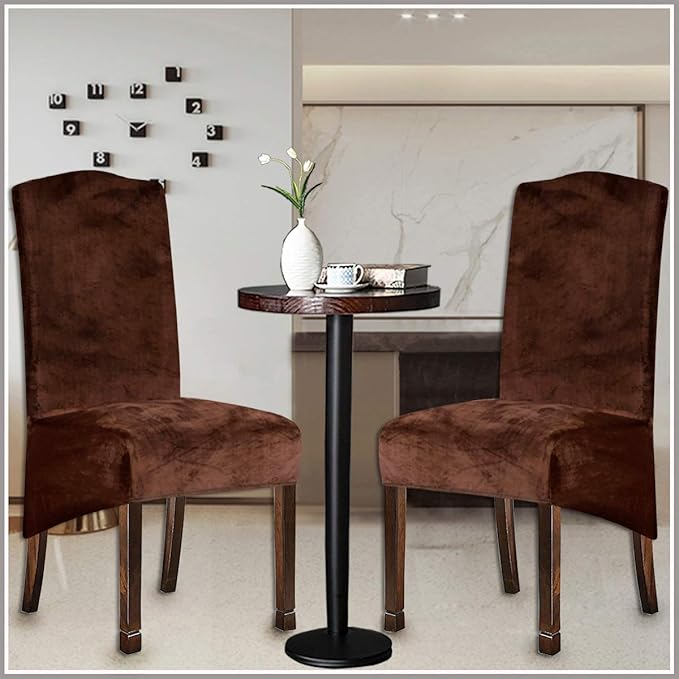 Velvet Plush XL Dining Chair Covers, Stretch Chaircover, Spandex High Chairs Protector Covers Seat Slipcover with Elastic Band for Dining Room,Wedding, Ceremony, Banquet (Coffee, Set of 2)