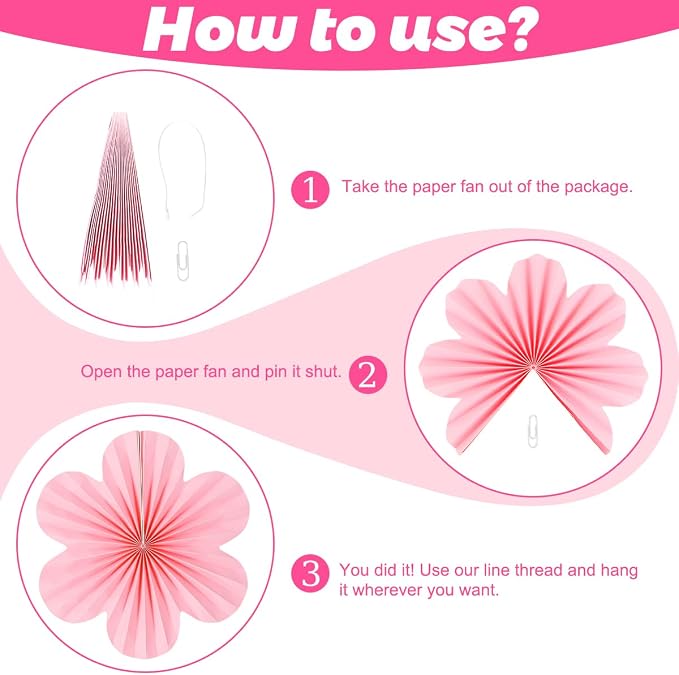Paper Fans Party Decorations Paper Flowers Decorations for Wall Floral Backdrop Classroom Baby Shower Birthday Party Flower Wall Decor Pack of 9 Pink