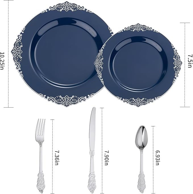 Goodluck 250 PCS Vintage Navy Blue & Silver Plastic Plates with Cutlery Set - Serves 50 - Heavy Duty Elegant Disposable Dinnerware for Graduation, Men's Birthday, Corporate Events