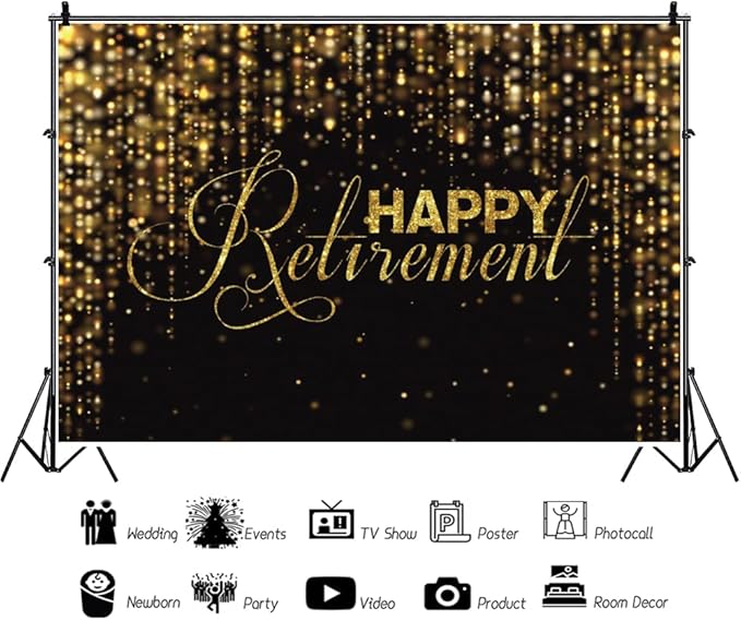 Leyiyi 15x10ft Happy Retirement Photo Backdrop Luxury Black and Gold Party Photography Background Gold Glitters Celebrate Retirement Party Decor Studio Props Bokeh Banner Supplies Vinyl Wallpaper