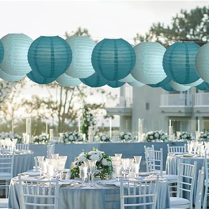 20Pcs Teal Paper Lanterns Decorative, 6"8"10" Blue Hanging Round Paper Lanterns Decorative for Bridal Shower Baby Shower Engagement Wedding Birthday Party