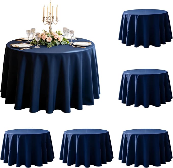 WIGENIUS 6 Pack Blue Table Cloth Round Tablecloths 90 Inch,Polyester Table Cloth for 5 Foot Round Tables,Wrinkle Resistant Washable Fabric Table Covers for Party,Wedding Banquet