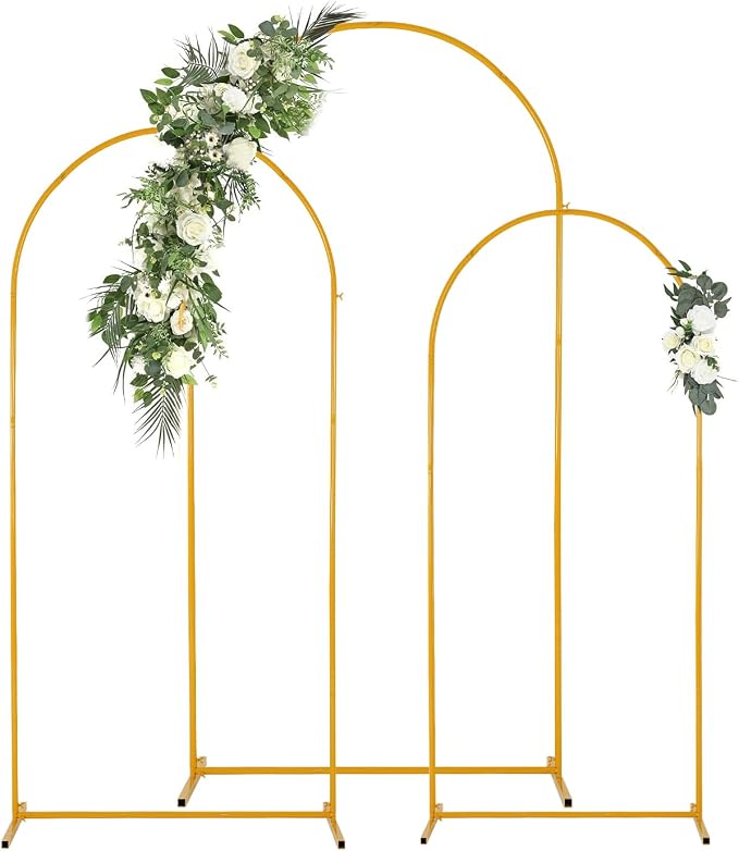 Vincidern 3pcs Metal Wedding Arch Backdrop Stand, Party Arch Stand, Balloon Arch Backdrop for Wedding Ceremony, Baby Shower, Birthday Party, Bridal Shower, Graduation Decor, Gold,7.2FT, 6.6FT, 5.9FT