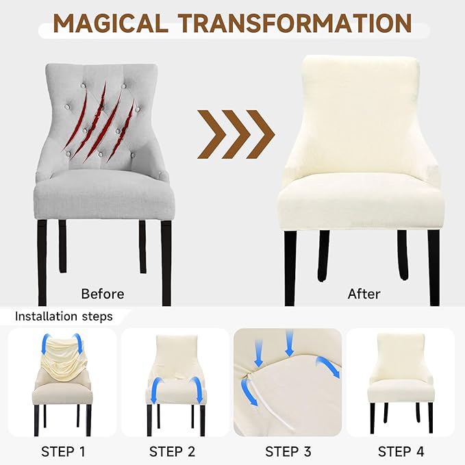 Velvet Wingback Dining Chair Cover Soft Stretch Accent Chair Cover Slipcover Thick Plush Wing Back Chairs Covers Furniture Protect Washable Chairs Protector Covers for Dining Room (Beige, 4)