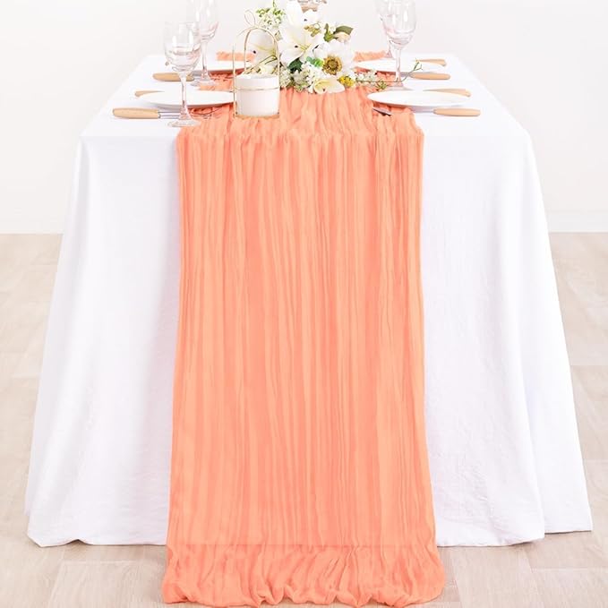 MLMC Peach Pink Cheesecloth Table Runner 10ft Sheer Gauze Coral Cheese Cloth Table Runner Spring Dinning Decoration 35x120 Inches for Wedding Bridal Baby Shower Party Decor
