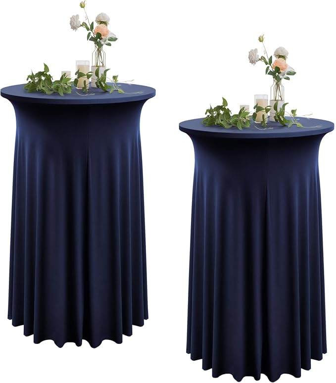 2 Pack Navy Blue Round High Top Cocktail Table Cloth 36inch×43inch Wrinkle Free Stretch Spandex Cocktail Tablecloths Table Covers for Cocktail Party Wedding Banquet Birthday Graduation