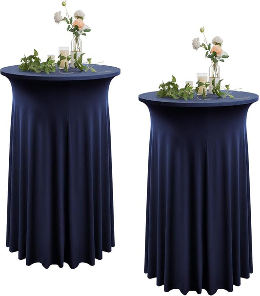 2 Pack Navy Blue Round High Top Spandex Table Cloth - 32x43 Inch, Wrinkle Free & Stretch, Perfect for Cocktail Party, Birthday, Baby Shower, Banquet, Bar