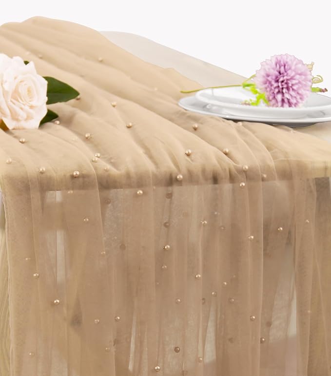 Pearl Table Runner 29 x 120 Inch Tulle Fabric Lace Table Runners for Bridal Shower Birthday Party Wedding Arch Dessert Table Decor(1 Pack, Nude)