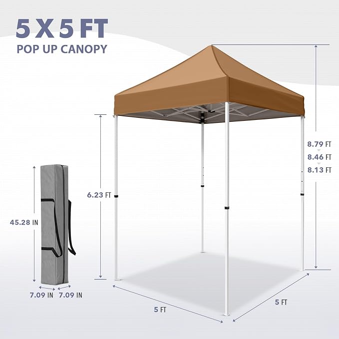 5x5 Pop Up Canopy Tent, Instant Portable Beach Canopy, Outdoor Tent with Carry Bag for Camping, Sports, Tailgating, Events, Khaki