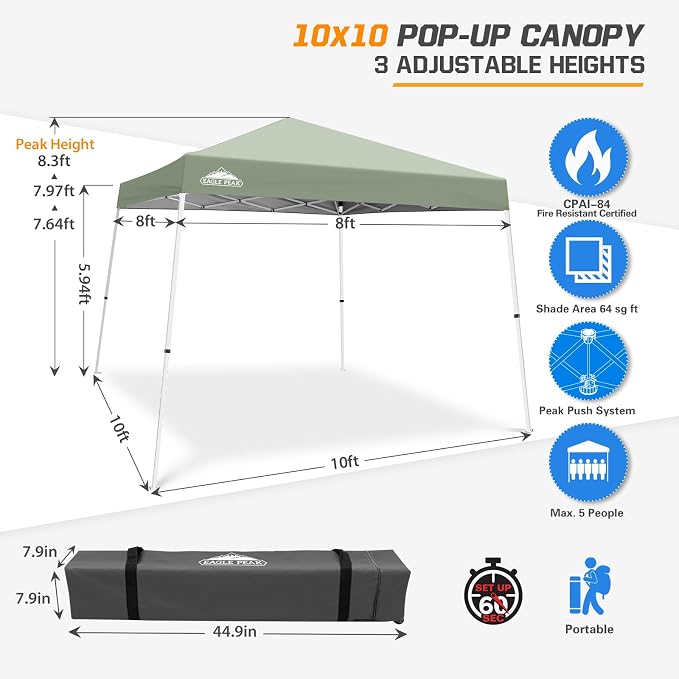 EAGLE PEAK 10x10 Slant Leg Pop-up Canopy Tent Easy One Person Setup Instant Outdoor Beach Canopy Folding Portable Sports Shelter 10x10 Base 8x8 Top (Sage Green)