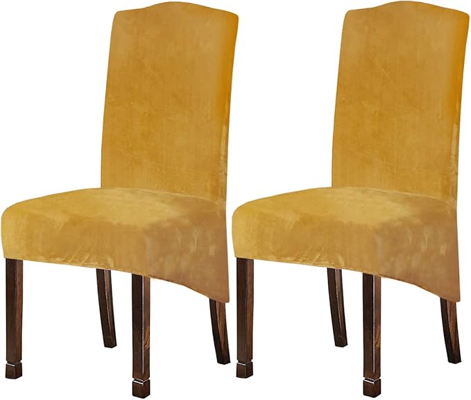 Velvet Plush XL Dining Chair Covers, Stretch Chaircover, Spandex High Chairs Protector Covers Seat Slipcover with Elastic Band for Dining Room,Wedding, Ceremony, Banquet (Mustard Gold, Set of 2)