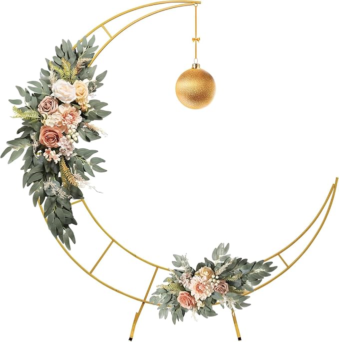5.9 Feet Moon Shaped Wedding Arch Backdrop Stand Gold Frame for Festival Decorations Easy Assembly Rustproof Reusable Iron Material Ideal for Wedding Venue and Party Balloon Arch Display