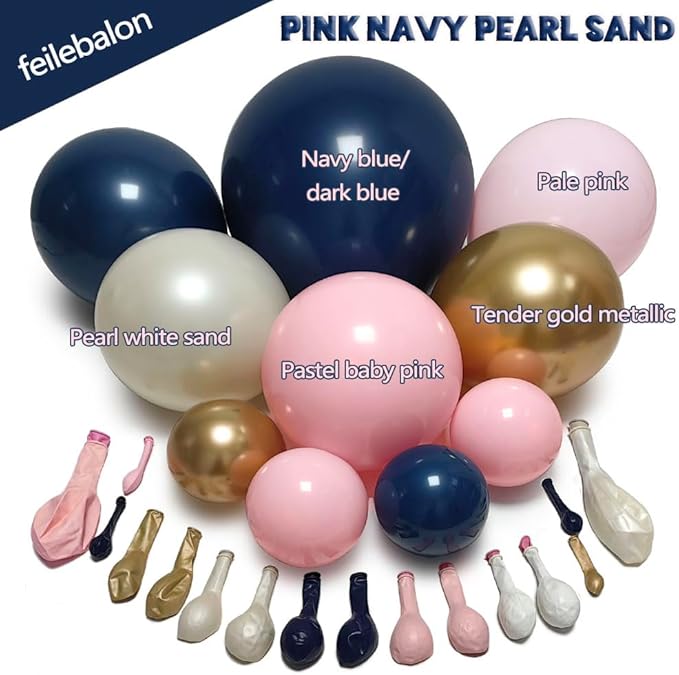 Navy Blue Pink Gold Balloon Arch Kit Double Stuffed Dark Blue, Pastel Light Pale Pink, White Sand Pearl Balloon Garland for Birthday Baby Shower Gender Reveal Wedding Graduation Party Decoration