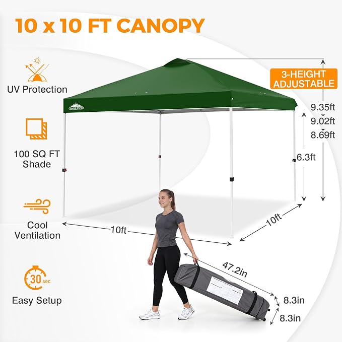 EAGLE PEAK Pop Up Canopy Tent with Wheeled Carry Bag, 8 Stakes, 4 Ropes, 4 Weight Bags, Easy Set Up Tent Canopy, 10x10 ft, 100sqft of Shade, Green