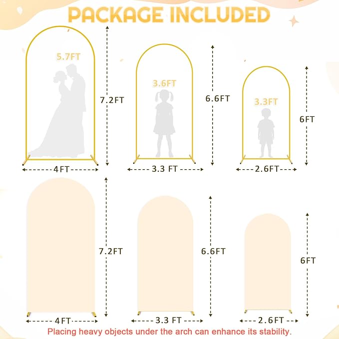 Wedding Arch Backdrop Stand and Beige Arch Cover Set of 3 (7.2FT, 6.6FT, 6FT) Metal Arch Stand Balloon Arched Frame Backdrop with Spandex Arch Stand Cover for Birthday Party Baby Shower Graduation