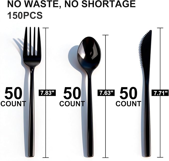 Tinybee 150PCS Black Plastic Silverware - Heavy Duty Disposable Silverware, Luxury Black Plastic Utensils - Elegant Disposable Utensil Include 50 Knives,50 Forks,50 Spoons for Party&Wedding