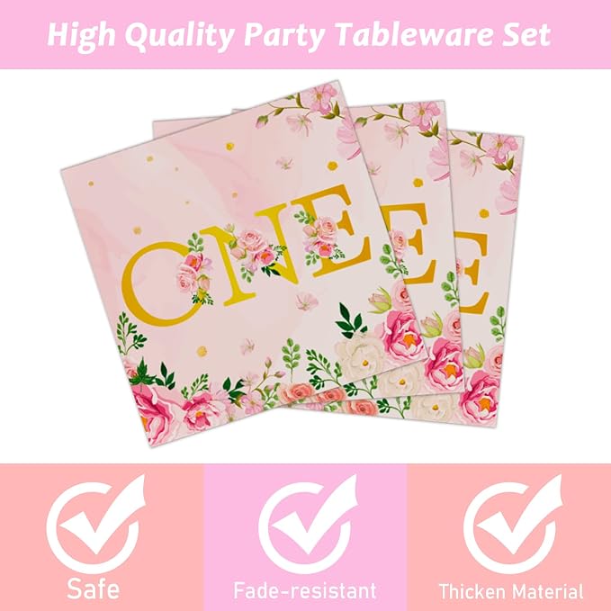 96Pcs 1st Birthday Party Supplies - Girls' One Year Tableware with Floral Birthday Plates, Napkins, Dinnerware, Decorations & Favors for Baby Shower, Serves 24