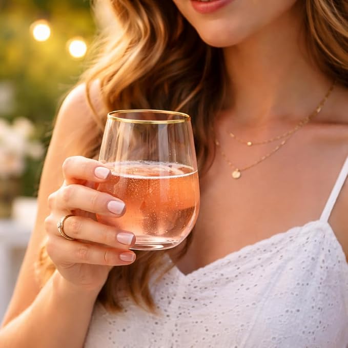 Oojami 40 Pack Diamond Disposable Wine Glasses Stemless 12 oz - Unbreakable Shatterproof BPA-Free, Reusable Recyclable Wine Cups for Wedding Birthday Party Cocktail Whiskey Champagne Pink Matte Gold