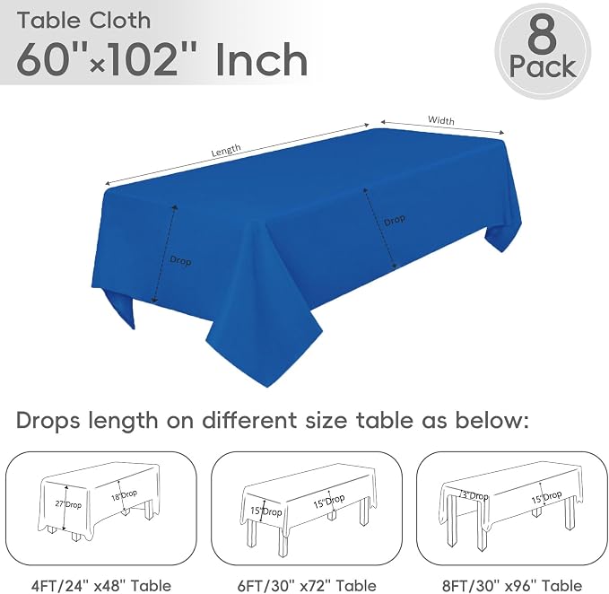 8 Pack Royal Blue Tablecloth 60 x 102 Inch Rectangular Table Cloth for 6 Foot Rectangle Tables, Wrinkle Resistant Washable Polyester Fabric Table Covers for Wedding Party Banquet Buffet and Camping