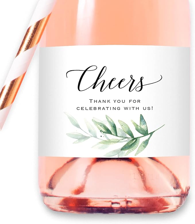 Cheers - 12 Greenery Mini Champagne Bottle Labels, Waterproof Polyester Mini Wine Bottle Labels, Green Watercolor Leaves Design for Wedding, Bridal Shower, Baby Shower, Birthday Party All Events