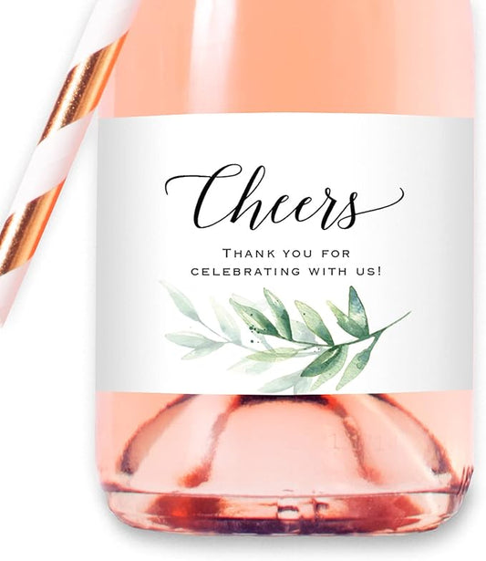 Cheers - 12 Greenery Mini Champagne Bottle Labels, Waterproof Polyester Mini Wine Bottle Labels, Green Watercolor Leaves Design for Wedding, Bridal Shower, Baby Shower, Birthday Party All Events