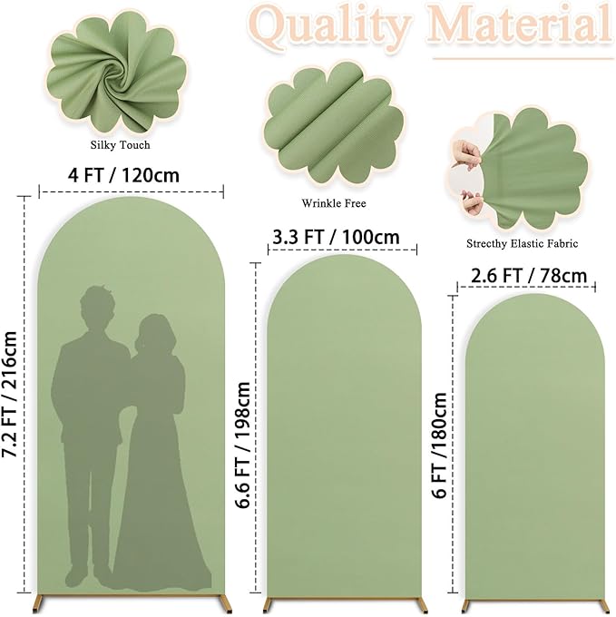 6FT 6.6FT 7.2FT Wedding Arch Cover Set of 3 Sage Green Arch Covers Stretchy Backdrop Round Top Chiara Spandex Arched Backdrop Cover for Birthday Balloon Party Banquet Event Ceremony Decor