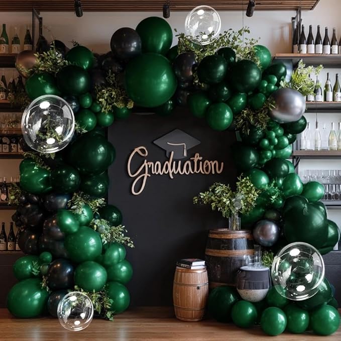 Black Green Balloon Garland Double Stuffed Dark Emerald Green Balloons Clear Bobo Metallic Black Balloon Arch Kit for Graduation Baby Shower Birthday Bridal Shower Graduation Party Decorations